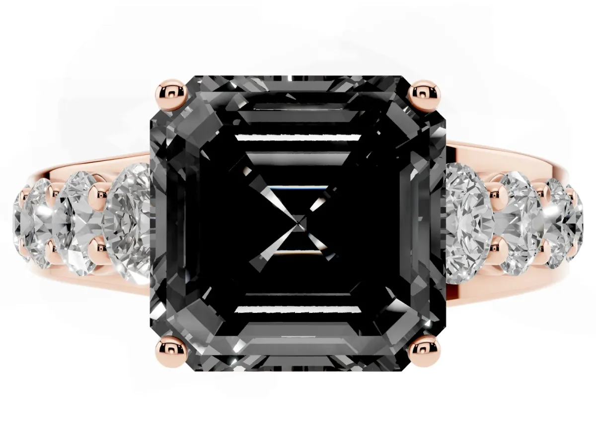 Fancy Black Asscher Cut Diamond Engagement Ring with Pavé Band and Four-Prong Setting Rose gold