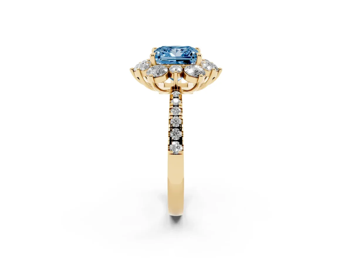 Fancy Blue Princess Cut Diamond Floral Halo Ring with Round Pavé Band and Prong Setting Yellow gold