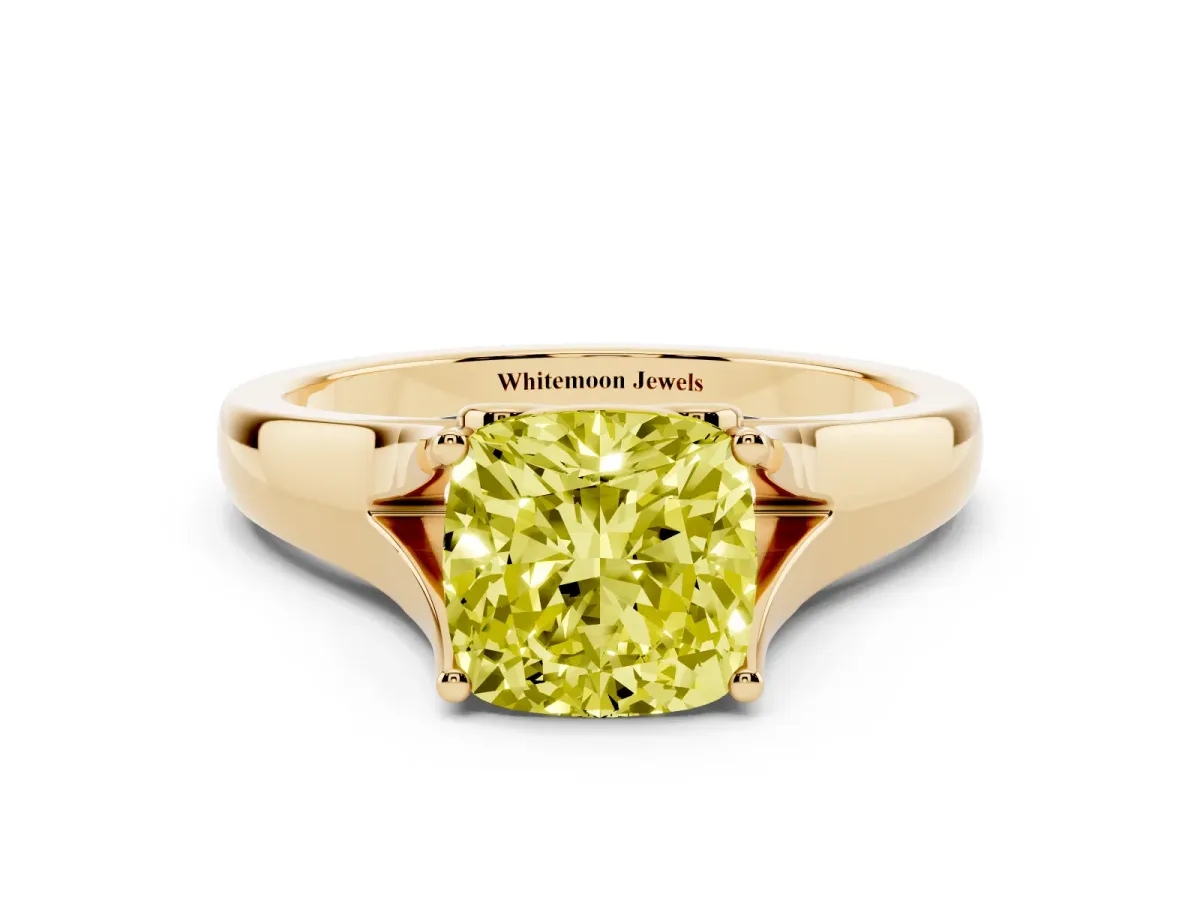 Fancy Yellow Cushion Cut Solitaire Diamond Ring with Cathedral Band and Four-Prong Setting Yellow gold