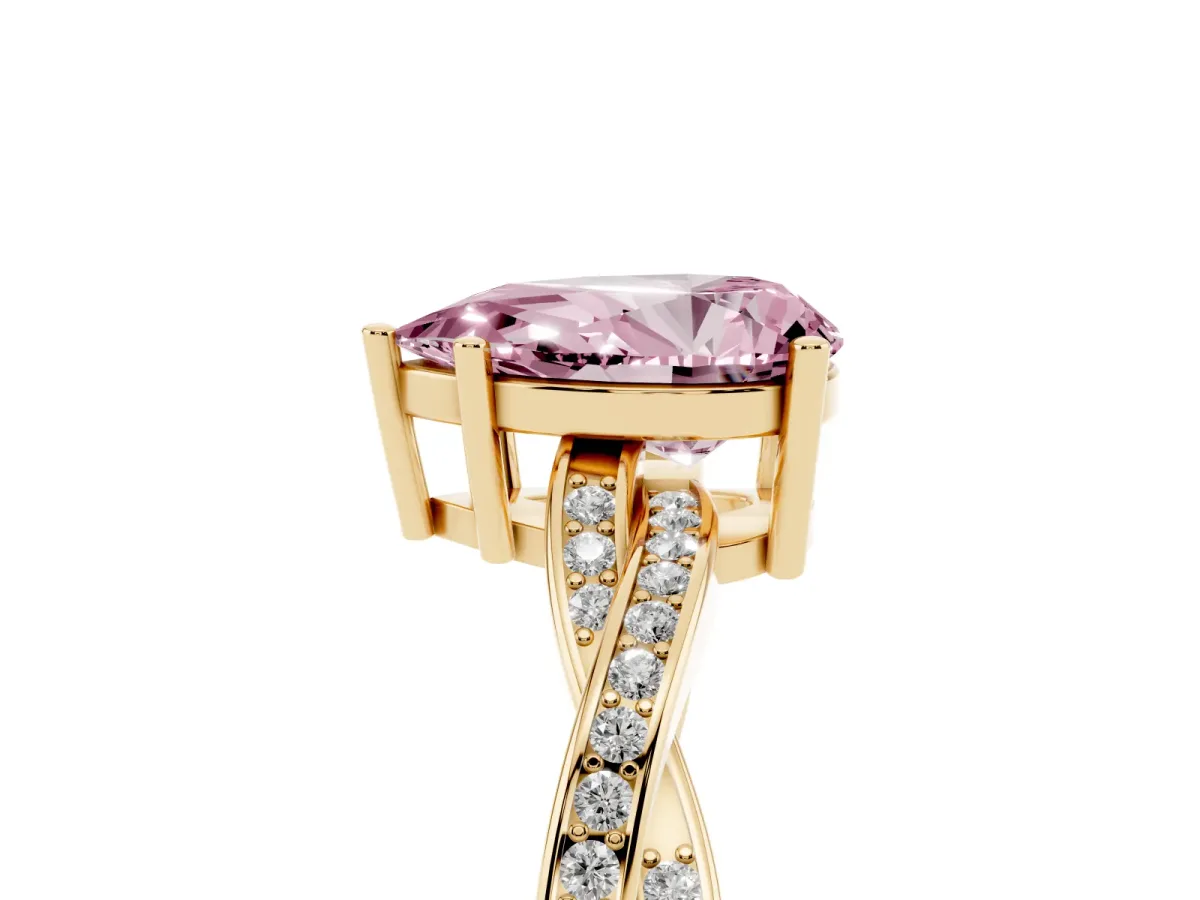 Fancy Pink Pear Cut Solitaire Twisted Pave Diamond Ring with Four-Prong Setting Yellow gold