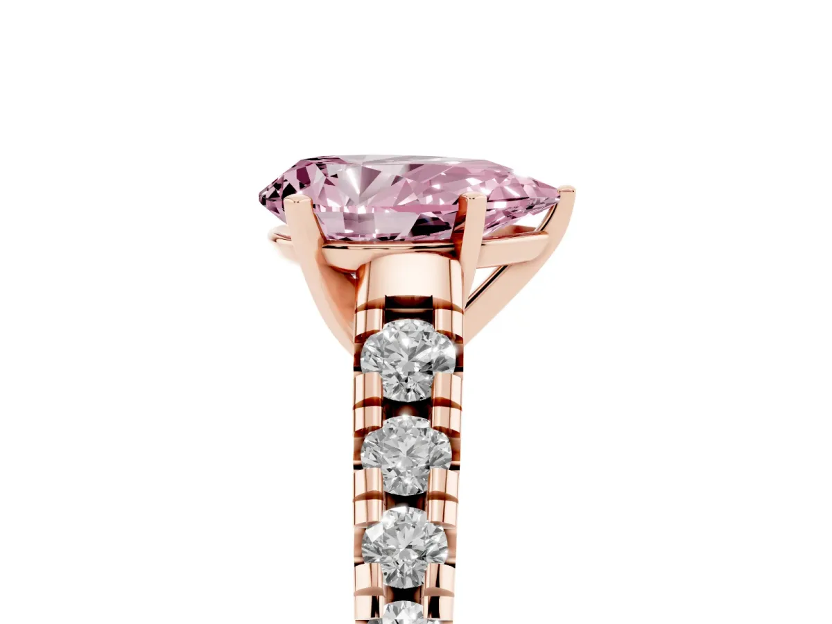 Fancy Pink Pear Cut Diamond Cathedral Solitaire Ring with Round Pavé Band Rose gold