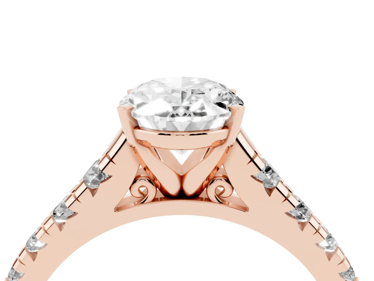 Oval Cut Diamond Cathedral Solitaire Ring with Round Pavé Band Rose gold