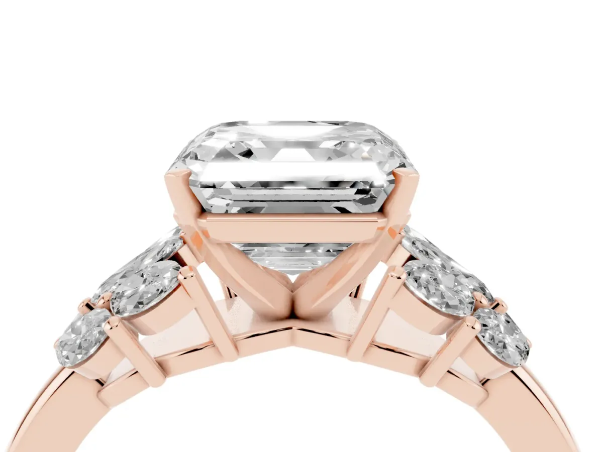 Asscher Cut Diamond Cluster Leaf Design Ring with Prong Setting Rose gold