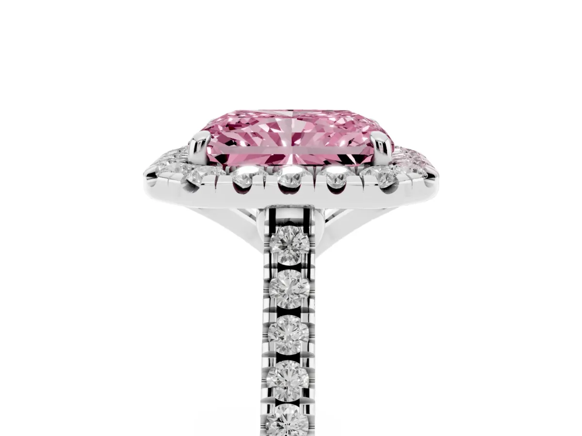 Fancy Pink Radiant Cut Diamond Cushion Halo Ring with Pavé Band White gold
