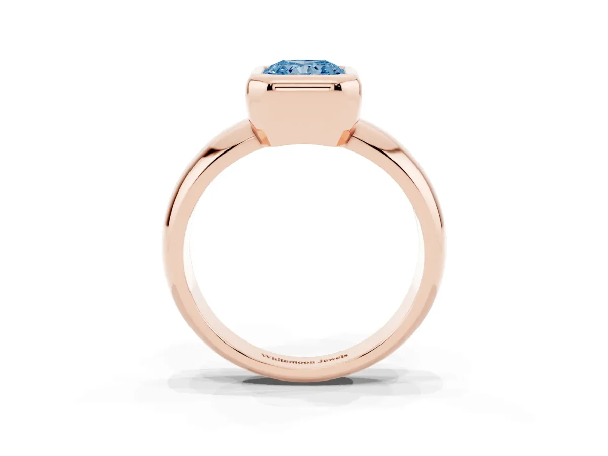 Fancy Blue Bezel Set Radiant Cut Solitaire Ring with Wide Band Rose gold