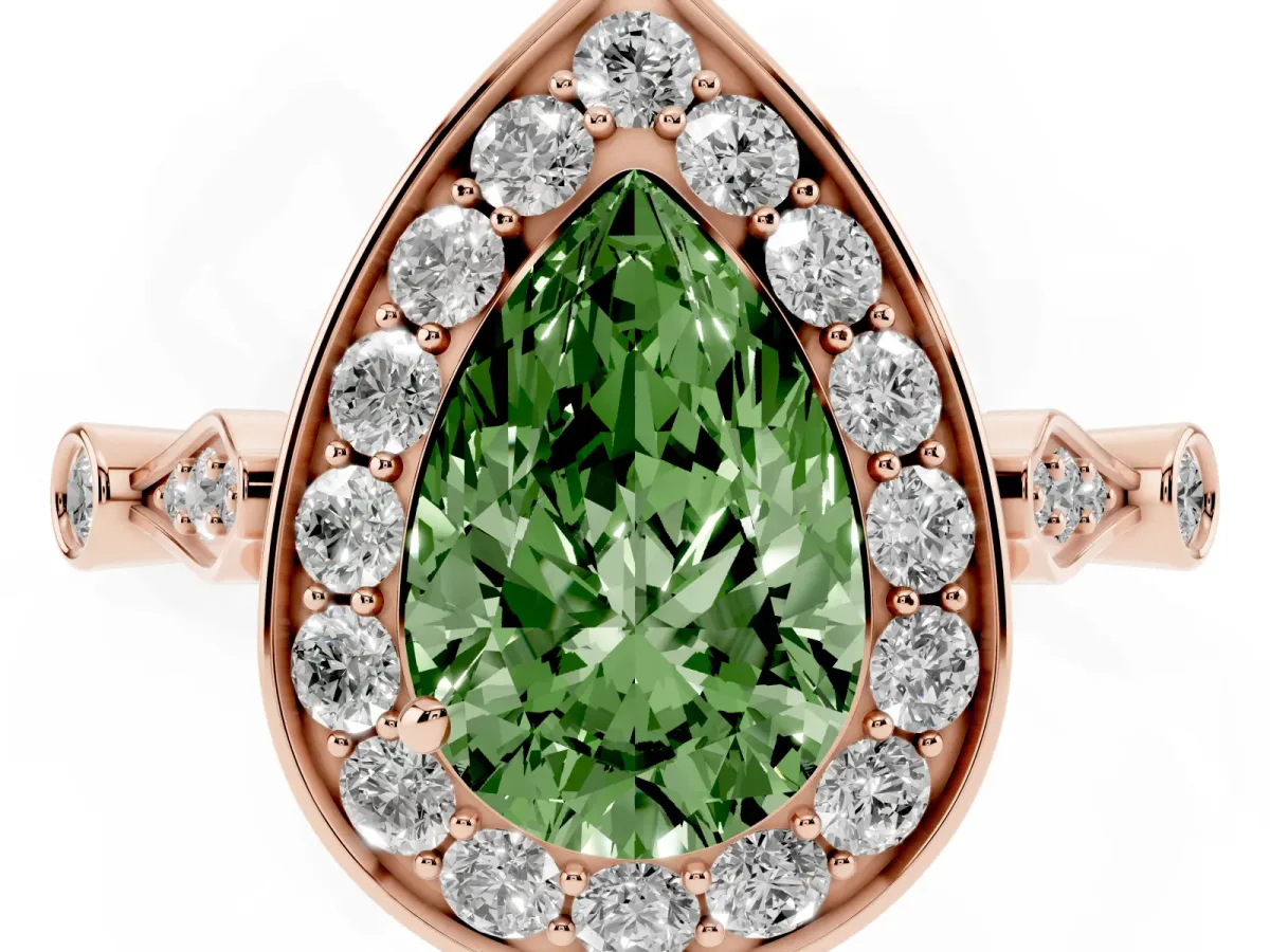 Fancy Green Pear Cut Halo Diamond Engagement Ring with Twisted Band and Four-Prong Setting Rose gold