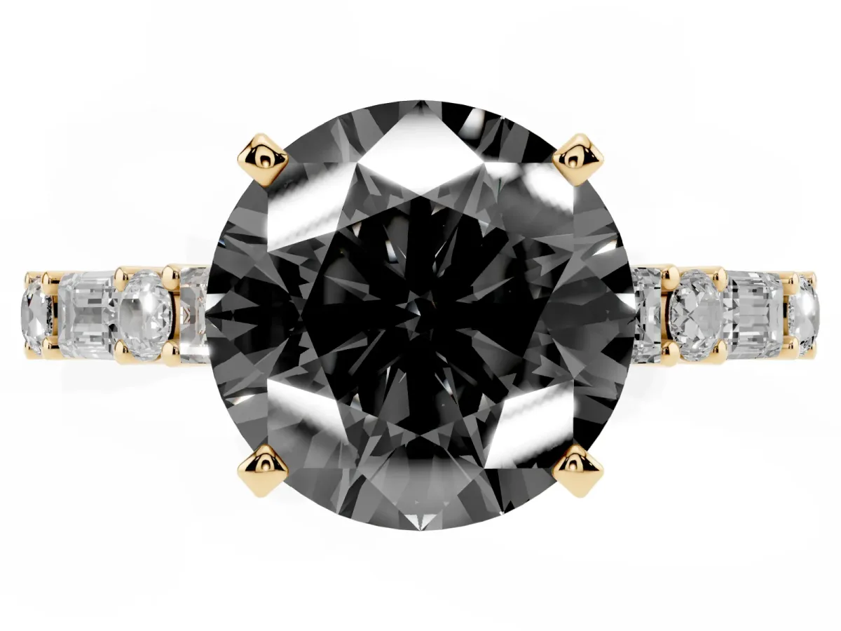 Fancy Black Round Cut Diamond Solitaire with Side Baguettes and Channel Set Band Yellow gold