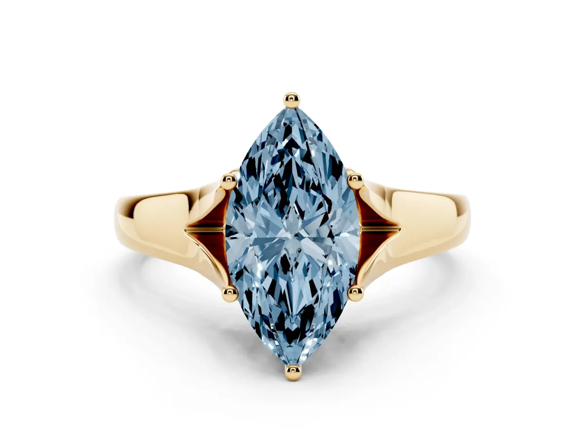 Fancy Blue Marquise Cut Solitaire Diamond Ring with Cathedral Band and Four-Prong Setting Yellow gold