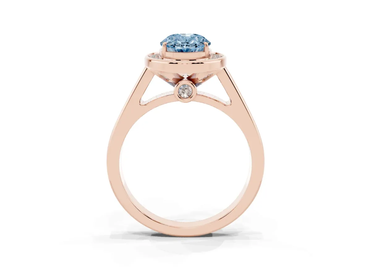 Fancy Blue Oval Cut Halo Solitaire Diamond Ring with Pave Band and Bezel Setting Rose gold