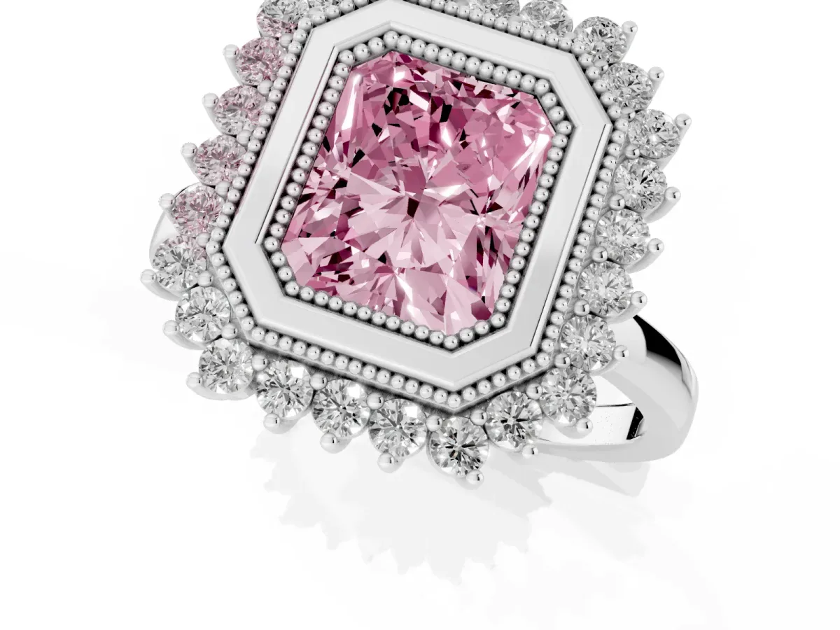 Fancy Pink Radiant Cut Halo Diamond Ring with Milgrain Edge and Round Prong Setting Silver