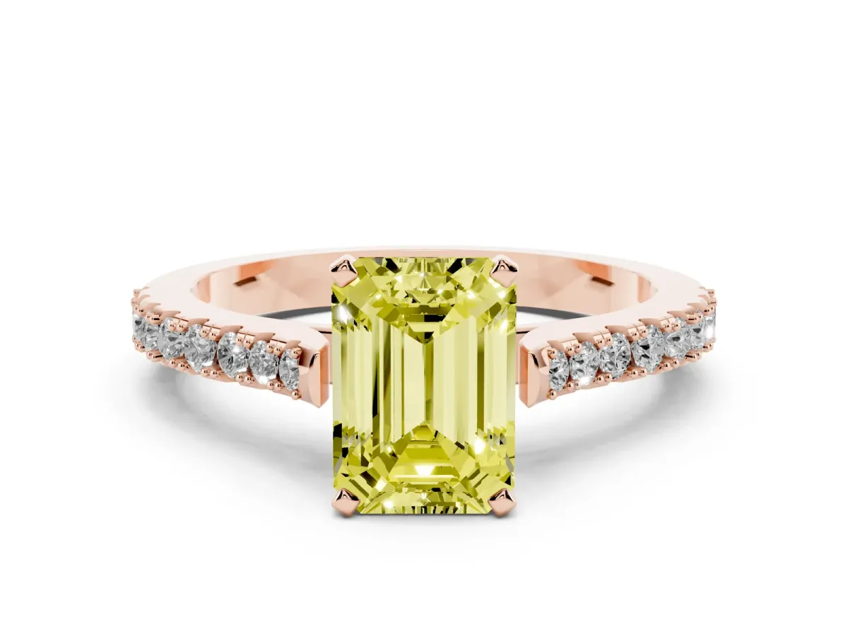 Fancy Yellow Emerald Cut Cut Solitaire Diamond Engagement Ring with Pave Band and Four-Prong Setting Rose gold