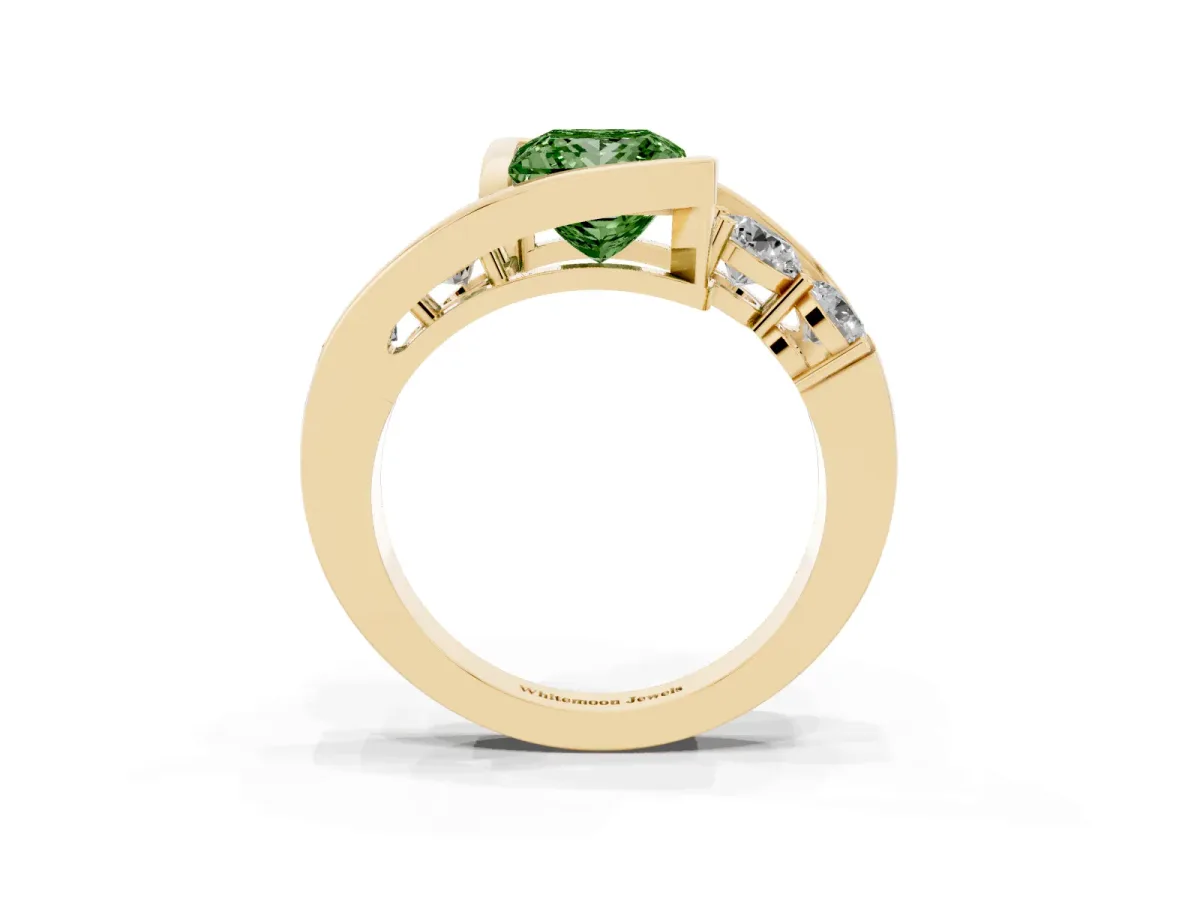 Fancy Green Bezel Set Princess Cut Diamond Bypass Ring with Round Accents Yellow gold