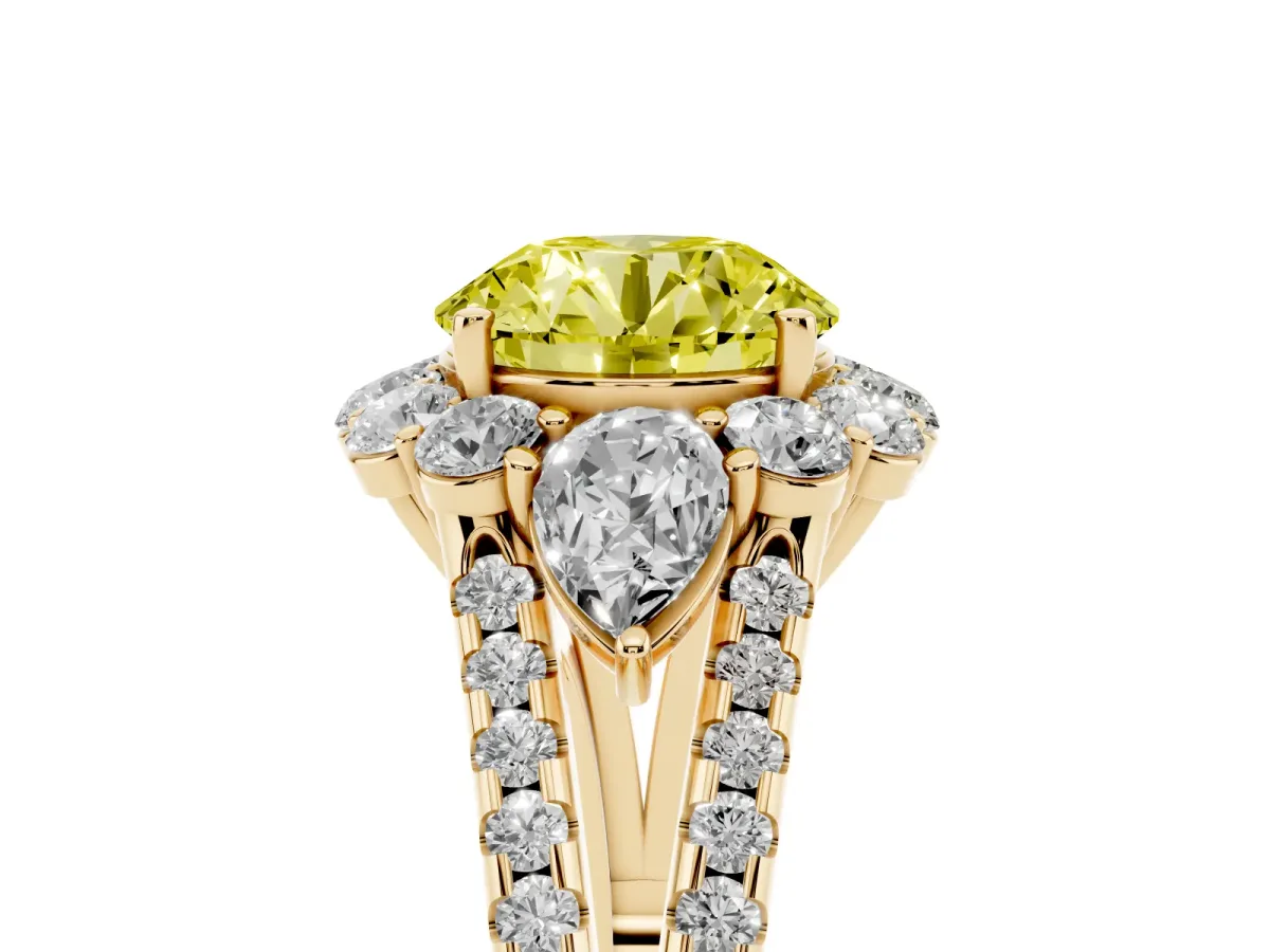 Fancy Yellow Round Cut Halo Split Shank Diamond Engagement Ring with Prong Setting Yellow gold