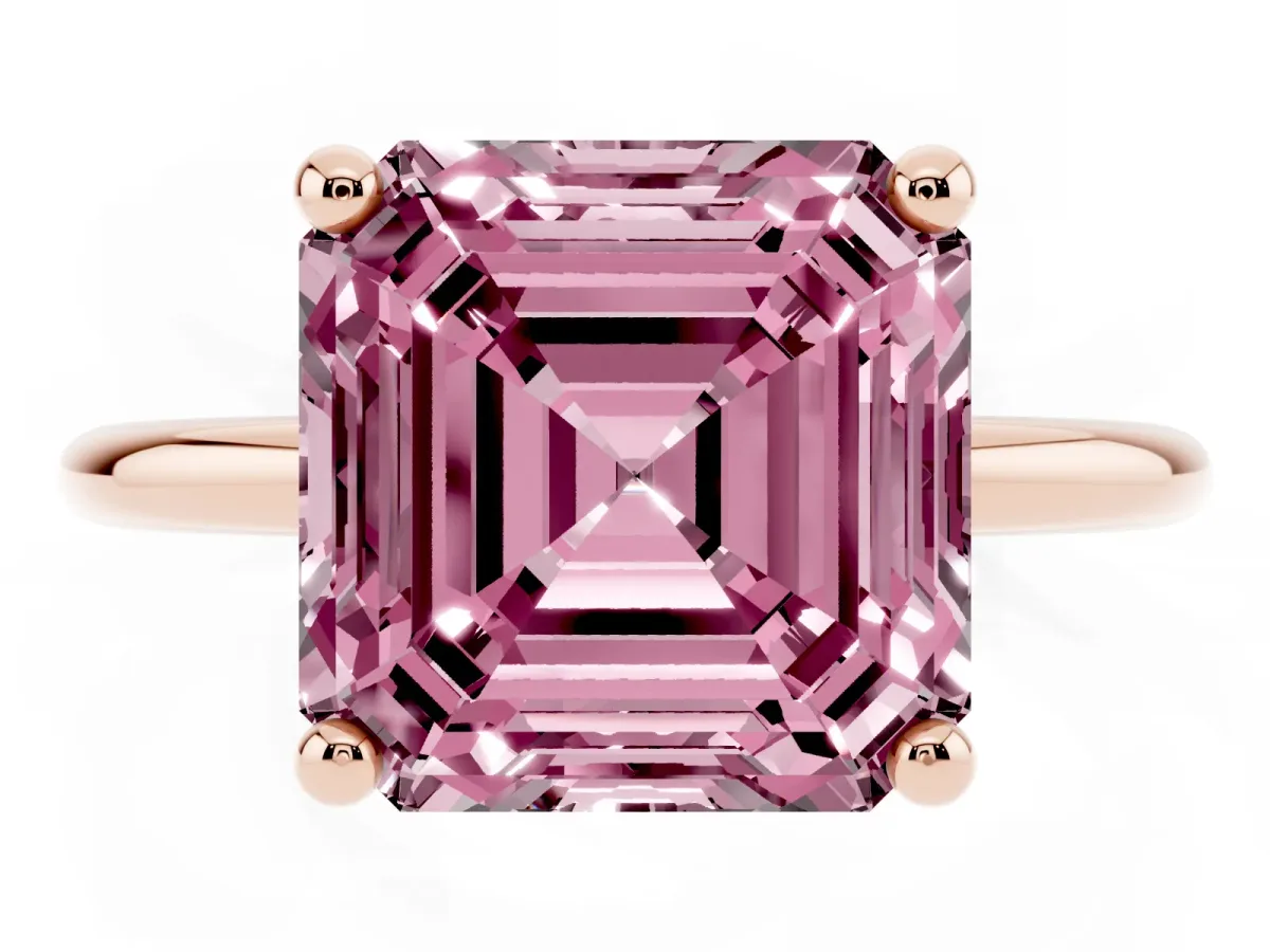 Fancy Pink Asscher Cut Solitaire Diamond Ring with 4-Prong Setting on a Classic Band Rose gold