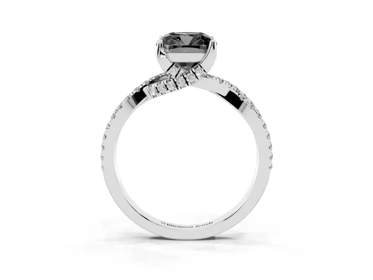 Fancy Black Cushion Cut Solitaire Twist Pave Diamond Engagement Ring with Prong Setting Silver