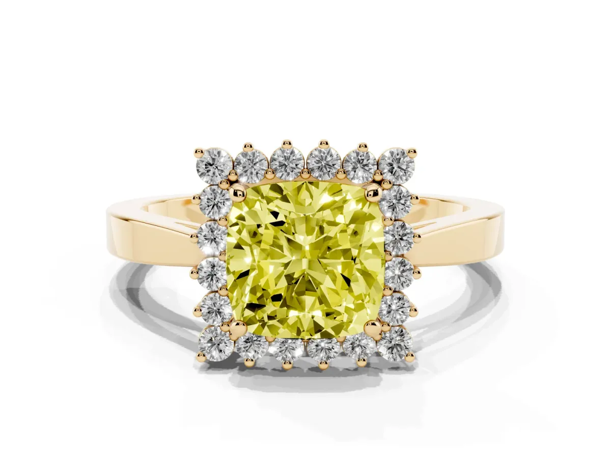 Fancy Yellow Cushion Cut Cut Diamond Halo Ring with Round Brilliant Halo and Solitaire Band Yellow gold