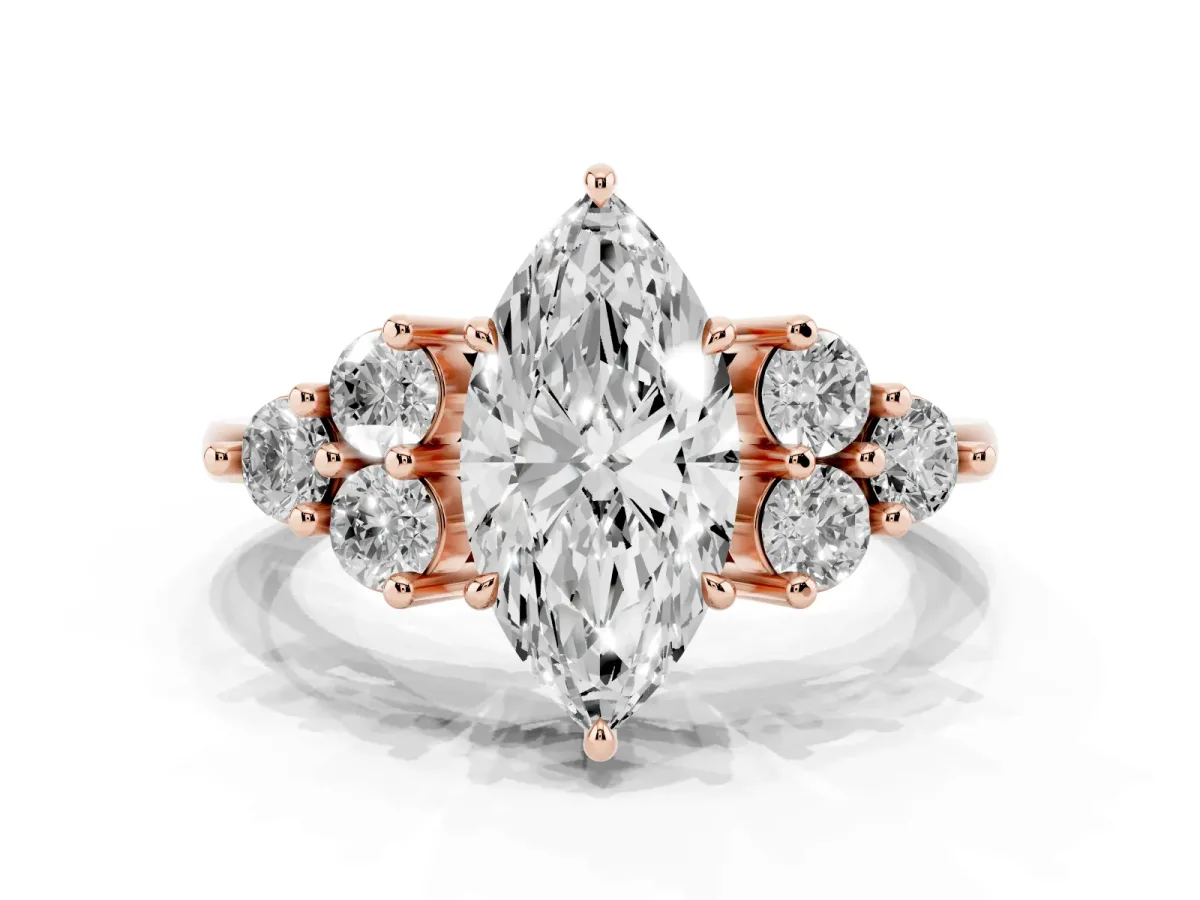 Marquise Cut Brilliant Diamond Cluster Accent Solitaire Ring with Prong Setting Rose gold