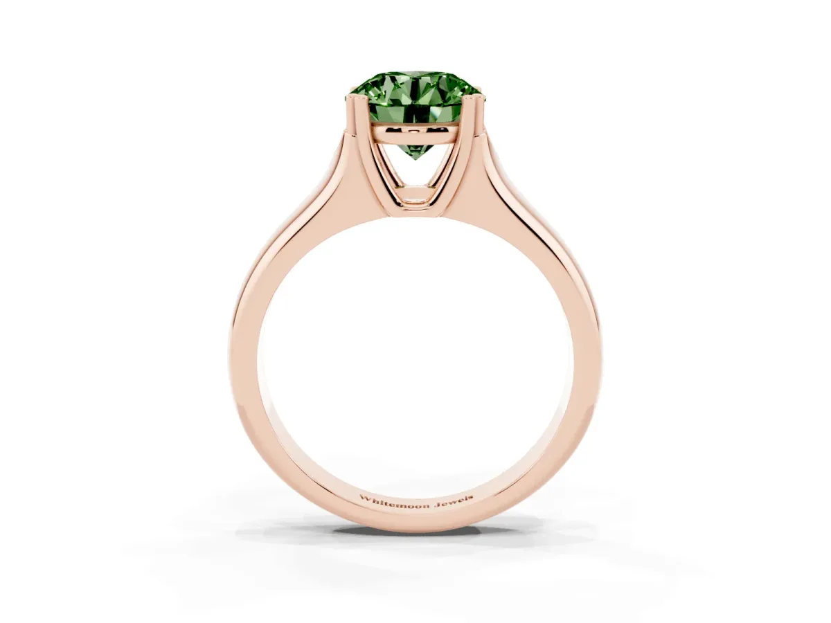 Fancy Green Round Cut Diamond Solitaire Ring with Wide Band and Prong Setting Rose gold