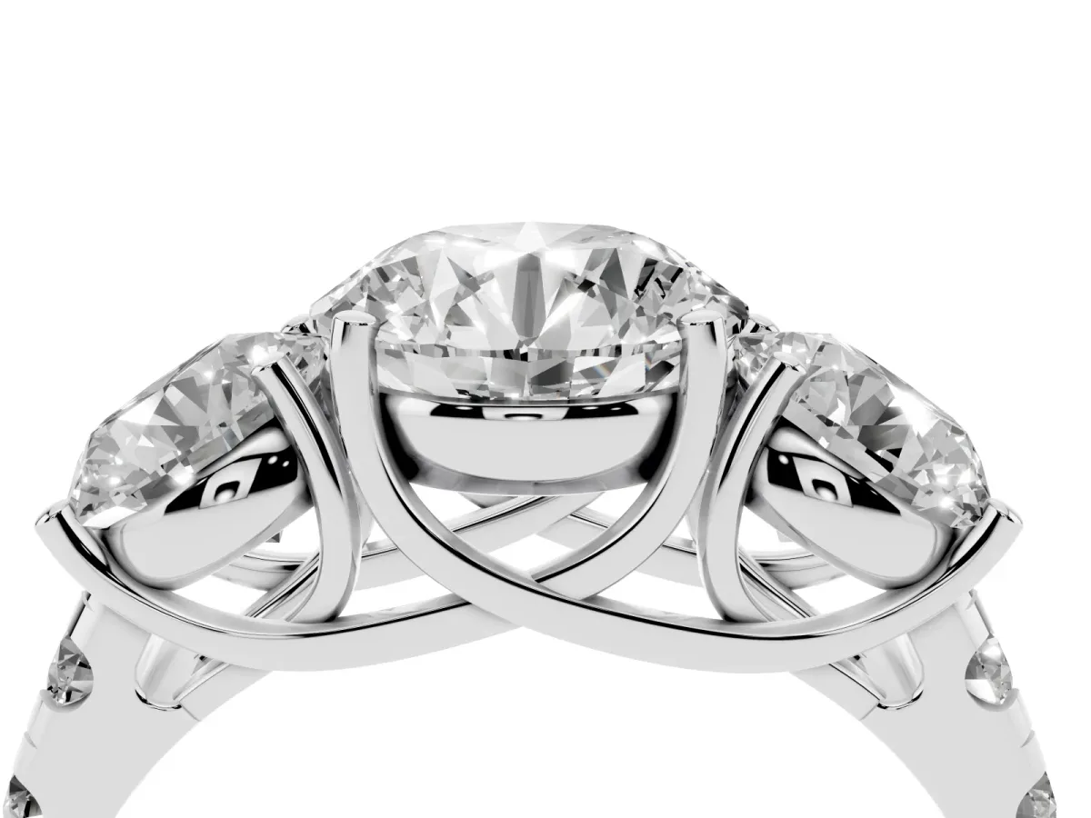 Three-Stone Round Cut Diamond Pavé Band with Prong Setting Silver