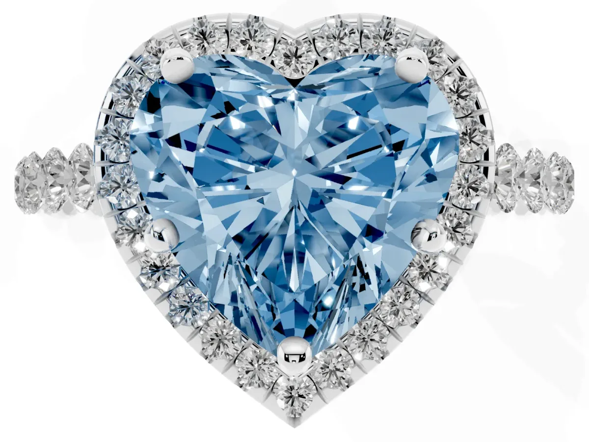 Fancy Blue Heart Cut Halo Pavé Diamond Engagement Ring with Four-Prong Setting Silver