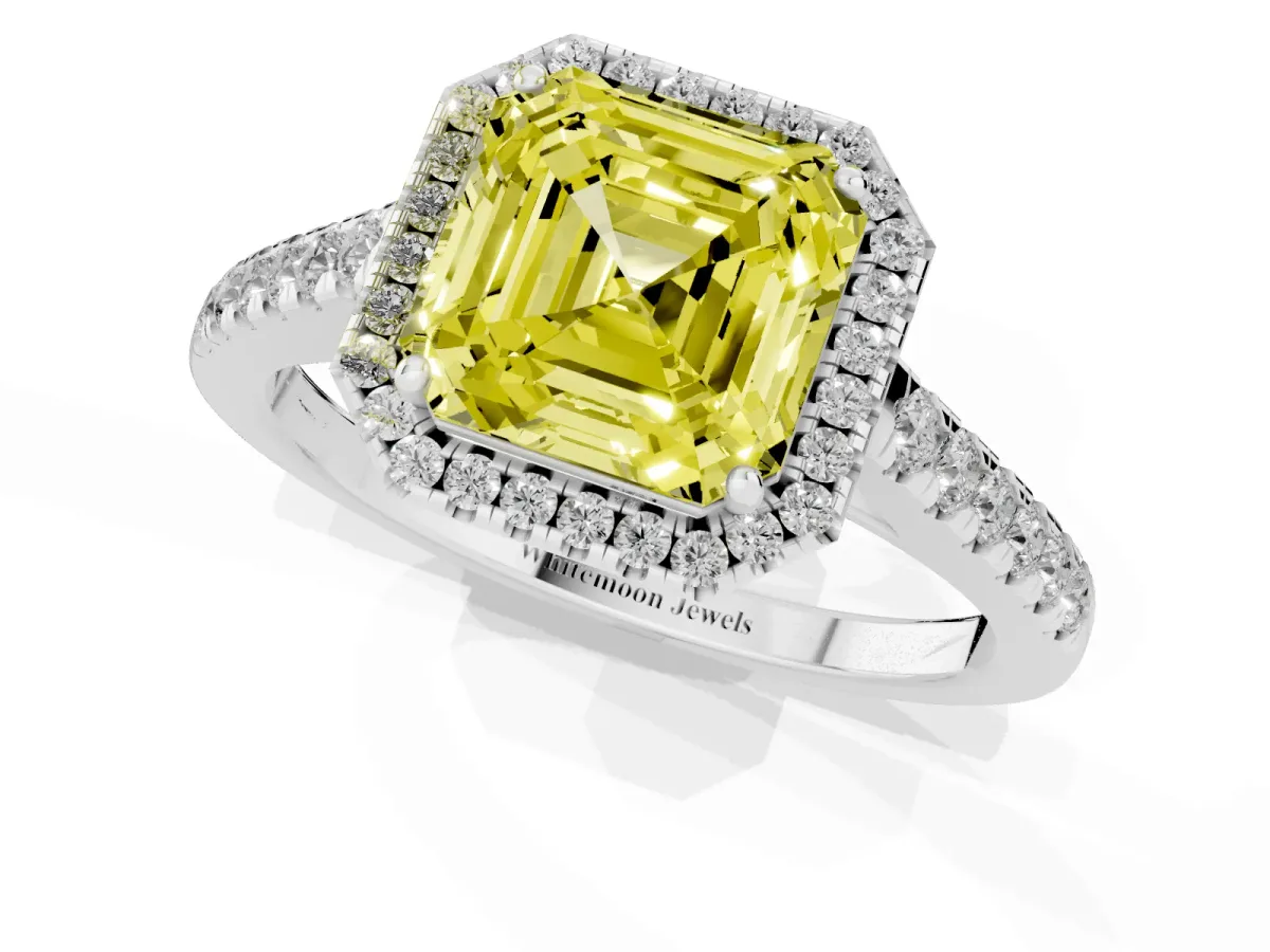 Fancy Yellow Asscher Cut Halo Pave Diamond Engagement Ring with Four-Prong Setting Silver