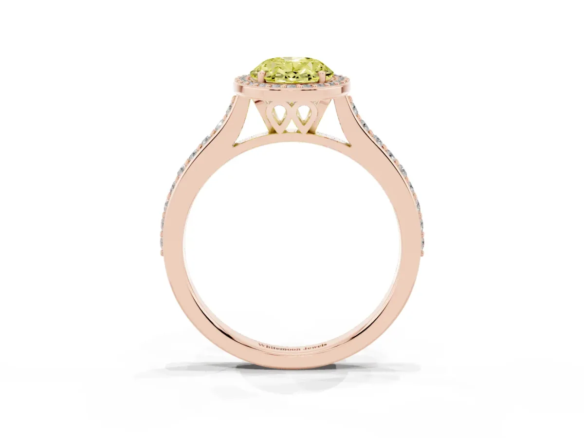 Fancy Yellow Oval Cut Diamond Halo Engagement Ring with Round Pavé Shoulders and Prong Setting Rose gold