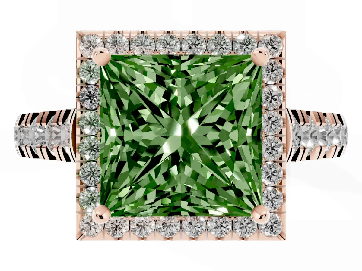 Fancy Green Princess Cut Halo Pavé Diamond Engagement Ring with Four-Prong Setting Rose gold