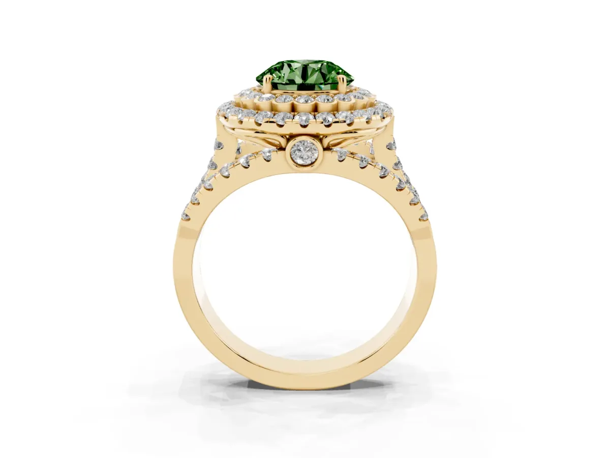 Fancy Green Round Cut Diamond Double Halo Ring with Round Pavé Split Shank and Prong Setting Yellow gold