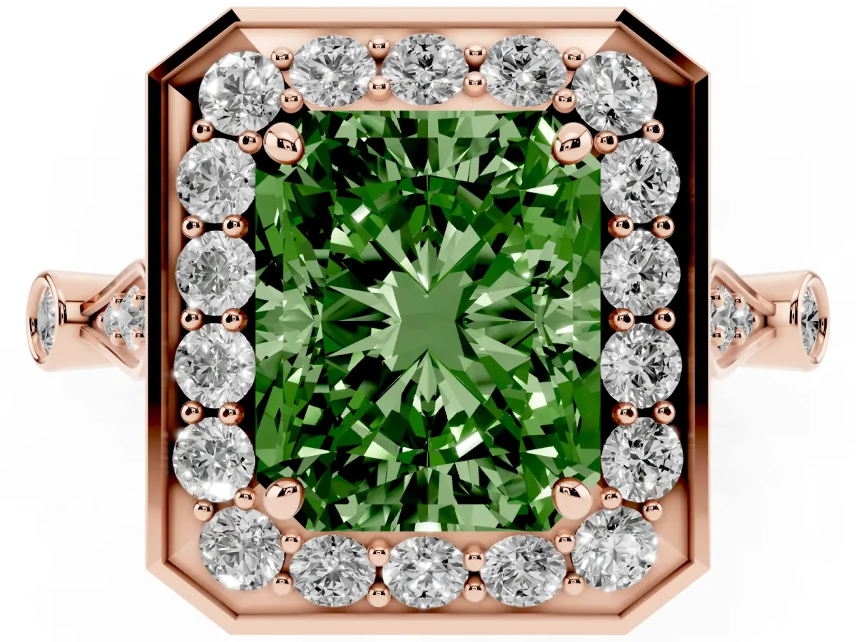 Fancy Green Radiant Cut Halo Diamond Engagement Ring with Twisted Band and Four-Prong Setting Rose gold