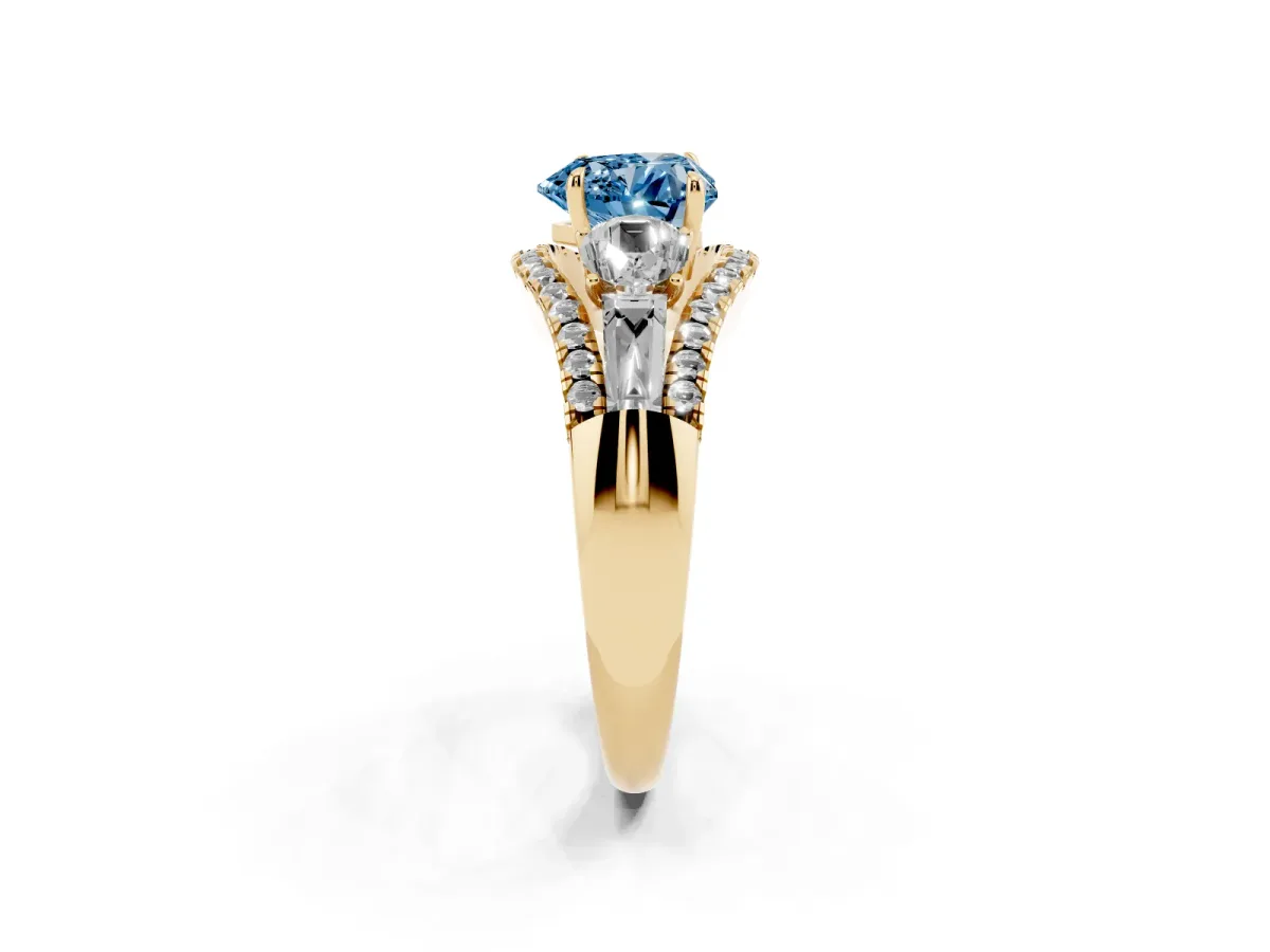 Fancy Blue Three-Stone Heart Cut Diamond Engagement Ring with Pave Band and Prong Setting Yellow gold