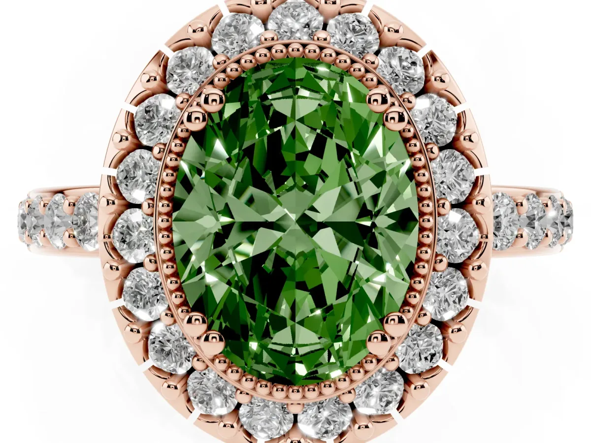 Fancy Green Oval Cut Diamond Halo Ring with Pavé Band and Prong Setting Rose gold
