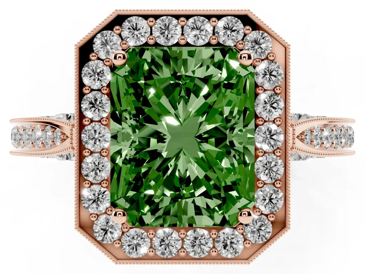 Fancy Green Radiant Cut Halo Diamond Engagement Ring with Split Shank Band and Four-Prong Setting Rose gold