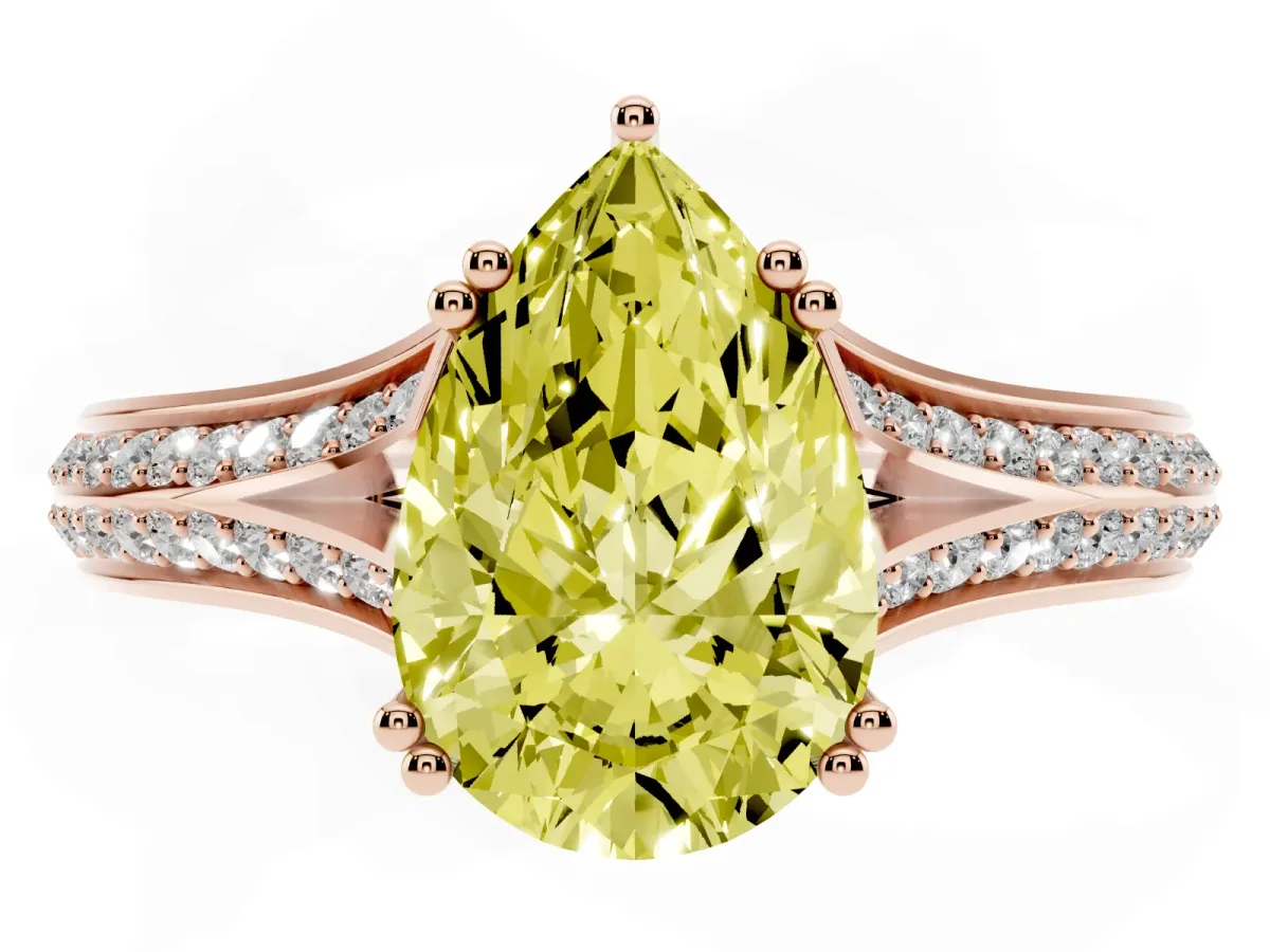 Fancy Yellow Pear Cut Diamond Split Shank Engagement Ring with Pavé Band Rose gold