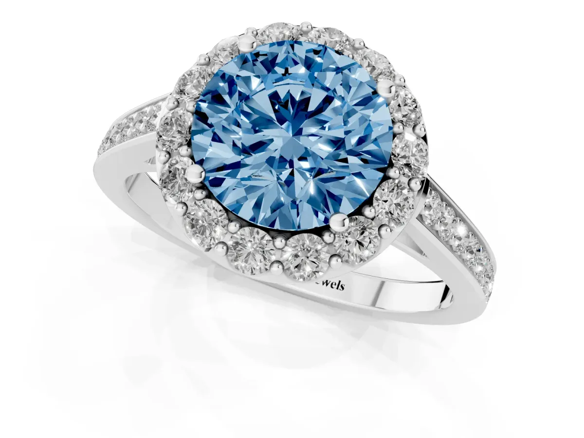 Fancy Blue Round Cut Diamond Floral Halo Ring with Pavé Band and Prong Setting Silver