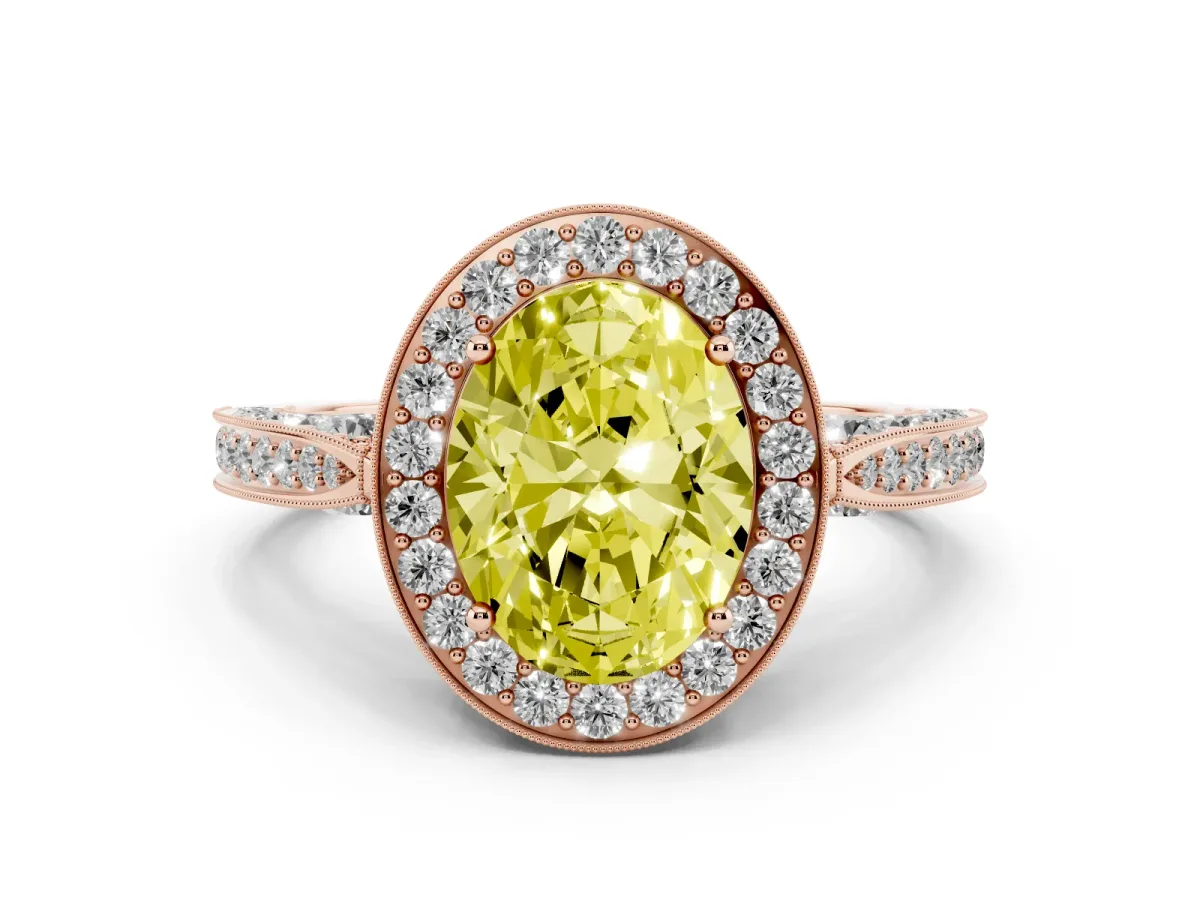Fancy Yellow Oval Cut Halo Diamond Engagement Ring with Split Shank Band and Four-Prong Setting Rose gold