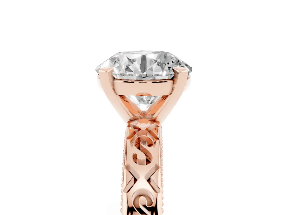Round Cut Solitaire Engagement Ring with Scrollwork Band and Four-Prong Setting Rose gold