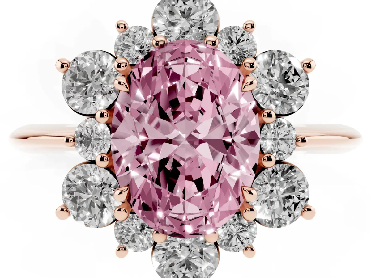 Fancy Pink Oval Cut Diamond Cluster Halo Ring with Solitaire Band and Four-Prong Setting Rose gold