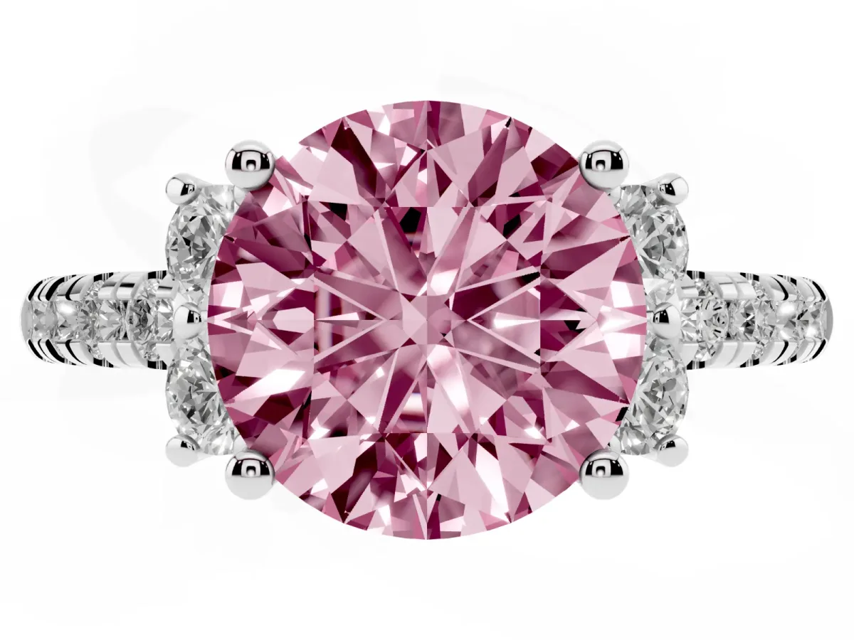 Fancy Pink Round Cut Diamond Three-Stone Pave Band with Four-Prong Setting Silver
