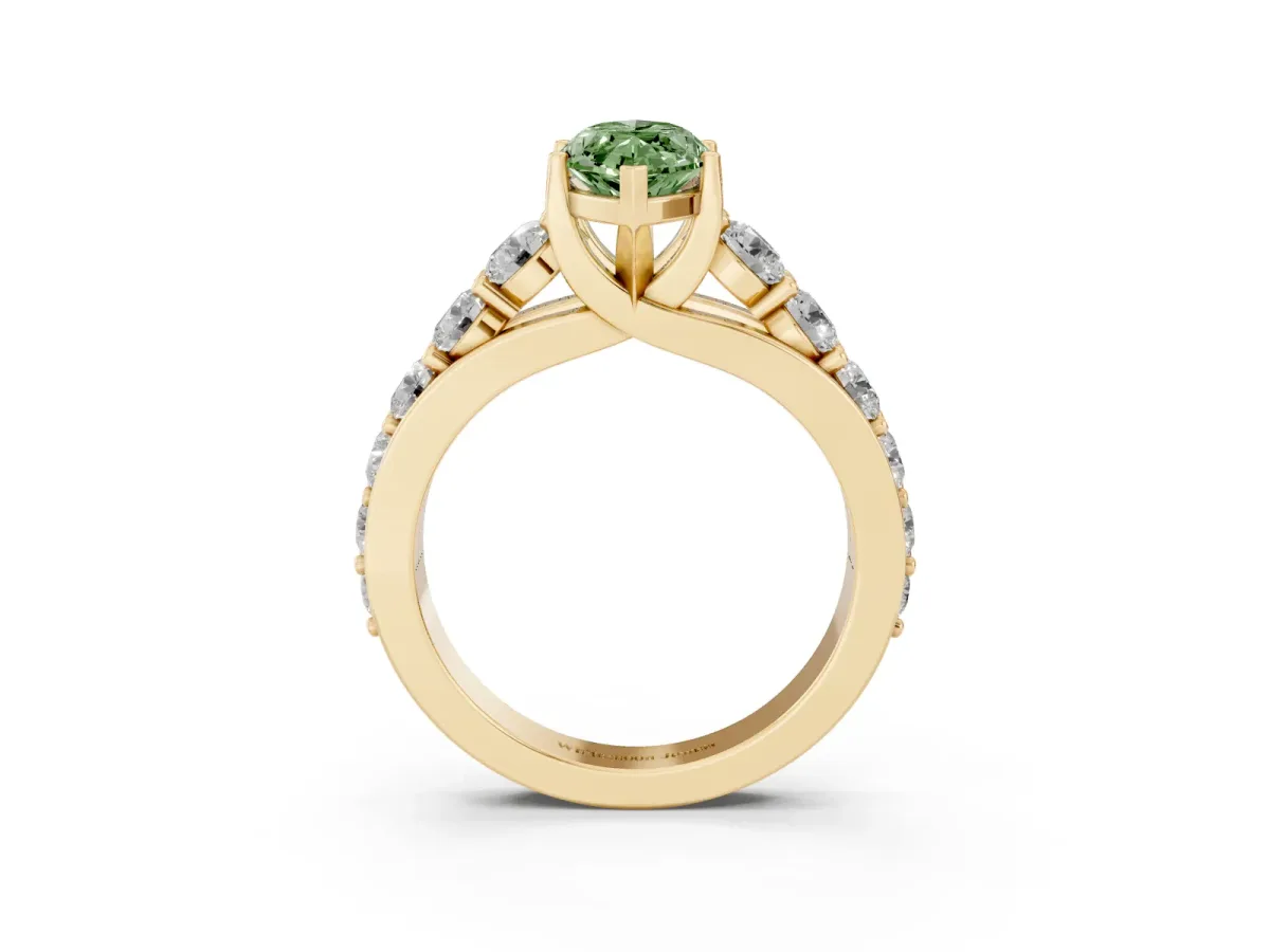 Fancy Green Marquise Cut Diamond Engagement Ring with Pavé Band and Four-Prong Setting Yellow gold
