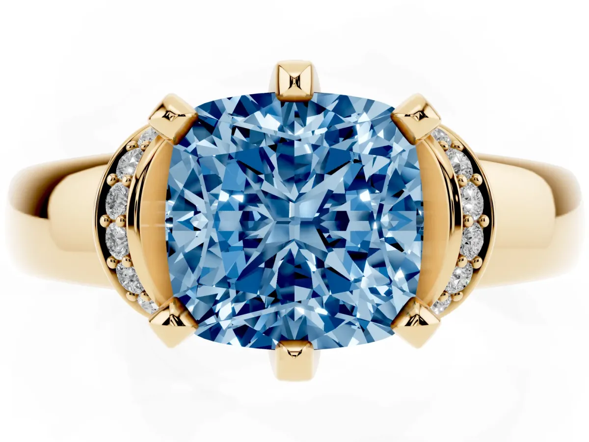 Fancy Blue Cushion Cut Solitaire Diamond Ring with Pave Band and Six-Prong Setting Yellow gold