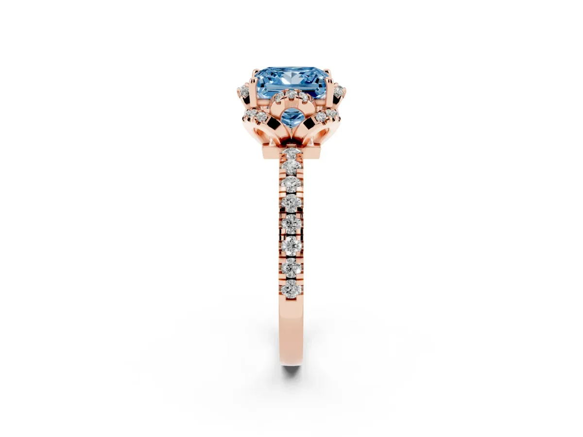 Fancy Blue Princess Cut Diamond Halo Pave Band with Four-Prong Setting Rose gold