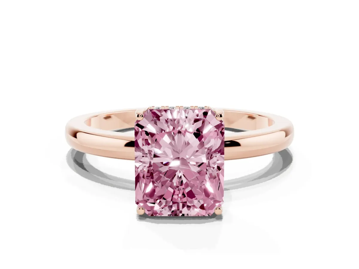 Fancy Pink Radiant Cut Solitaire Diamond Ring with Prong Setting and Plain Band Rose gold