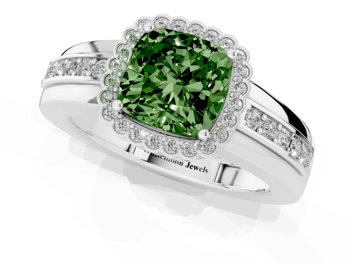 Fancy Green Cushion Cut Cut Halo Pave Band Four-Prong Ring Silver