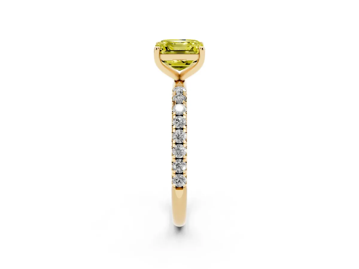 Fancy Yellow Asscher Cut Cut Diamond Solitaire Ring with Micro Pave Band and Four Prong Setting Yellow gold