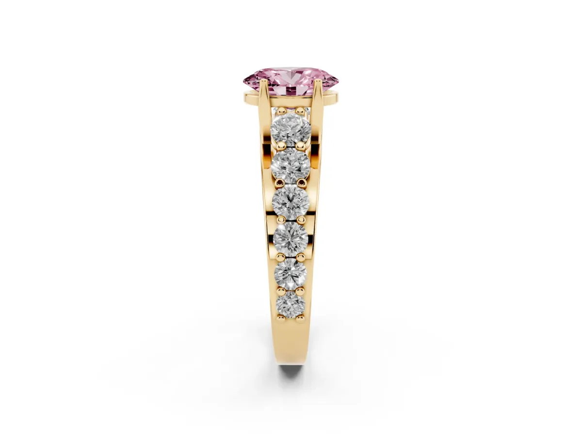 Fancy Pink Oval Cut Diamond Engagement Ring with Pavé Band and Four-Prong Setting Yellow gold