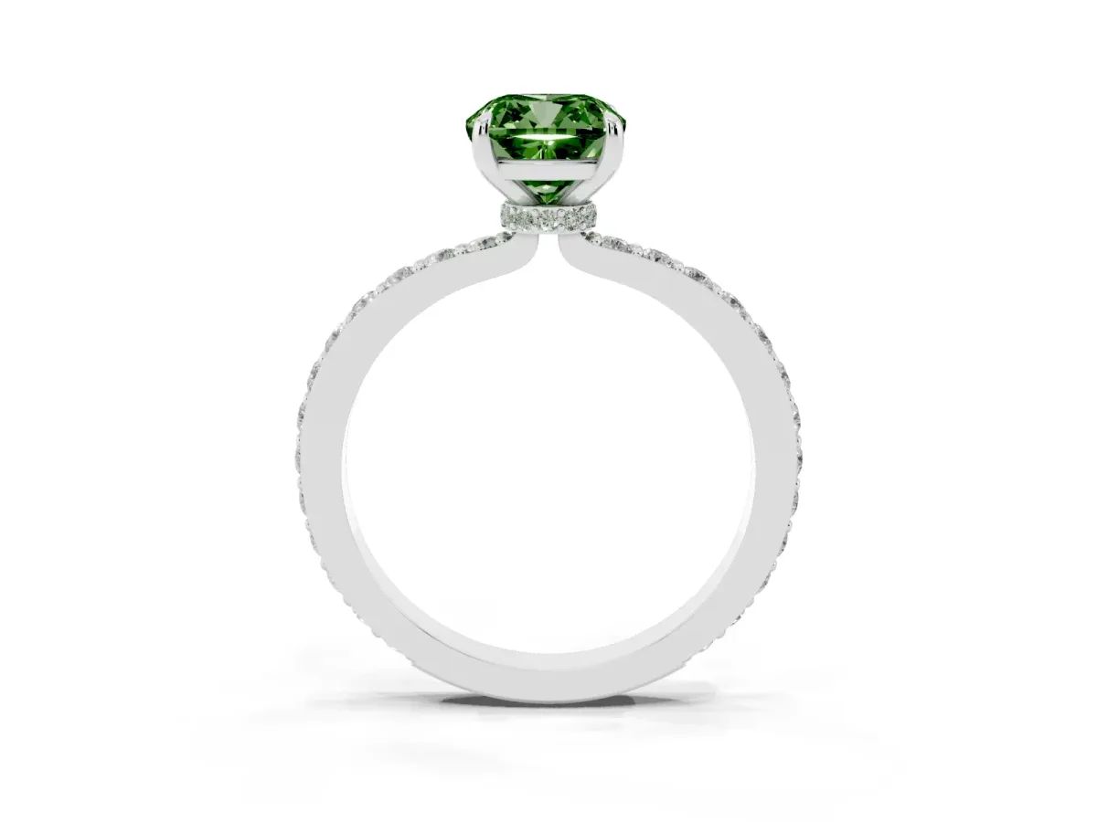Fancy Green Cushion Cut Diamond Solitaire Engagement Ring with Pavé Band and Four-Prong Setting Silver