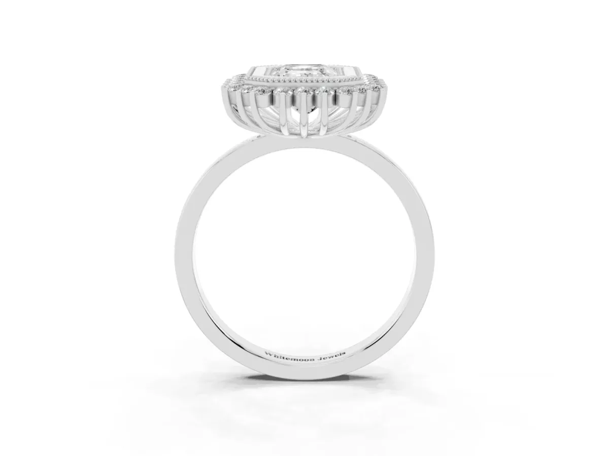 Emerald Cut Halo Diamond Ring with Milgrain Edge and Round Prong Setting Silver