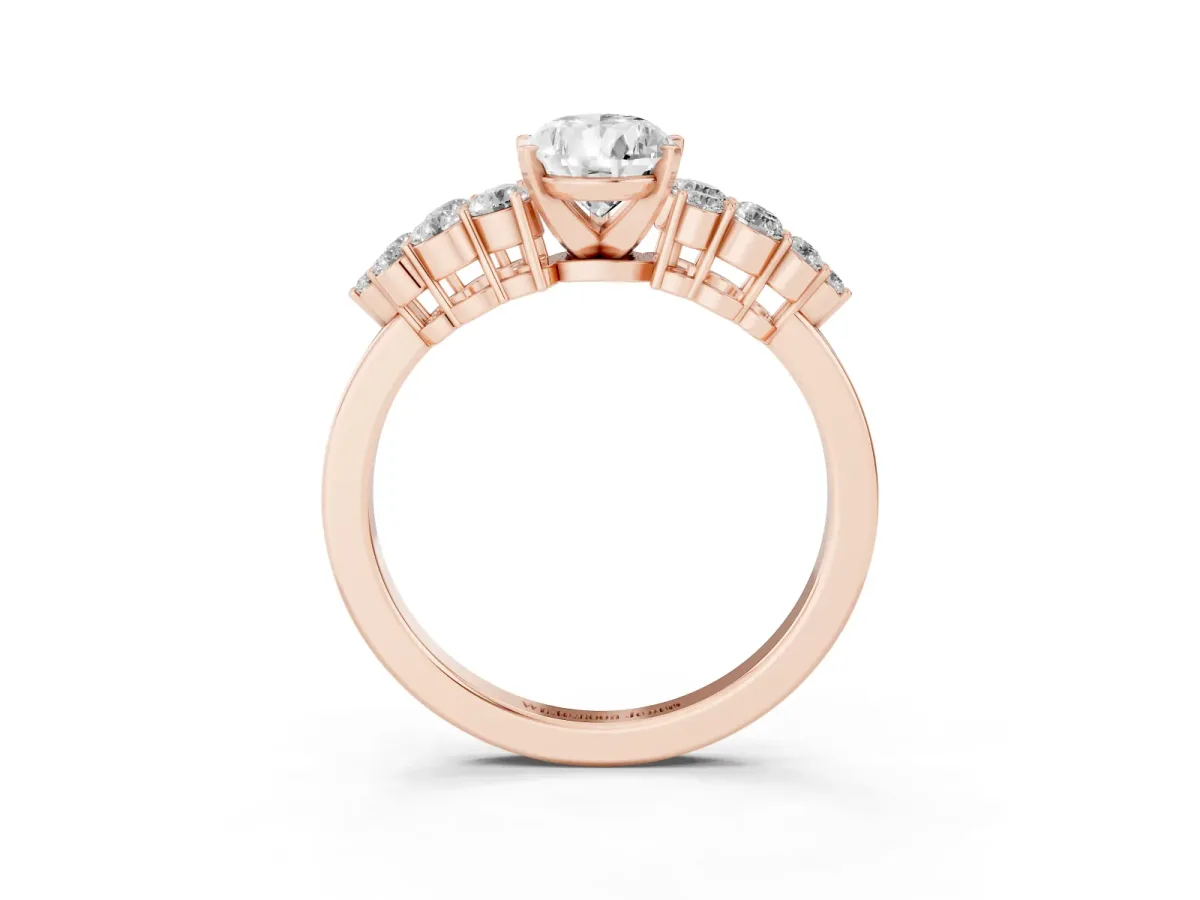 Pear Cut Cluster Diamond Engagement Ring with Pavé Band and Four-Prong Setting Rose gold