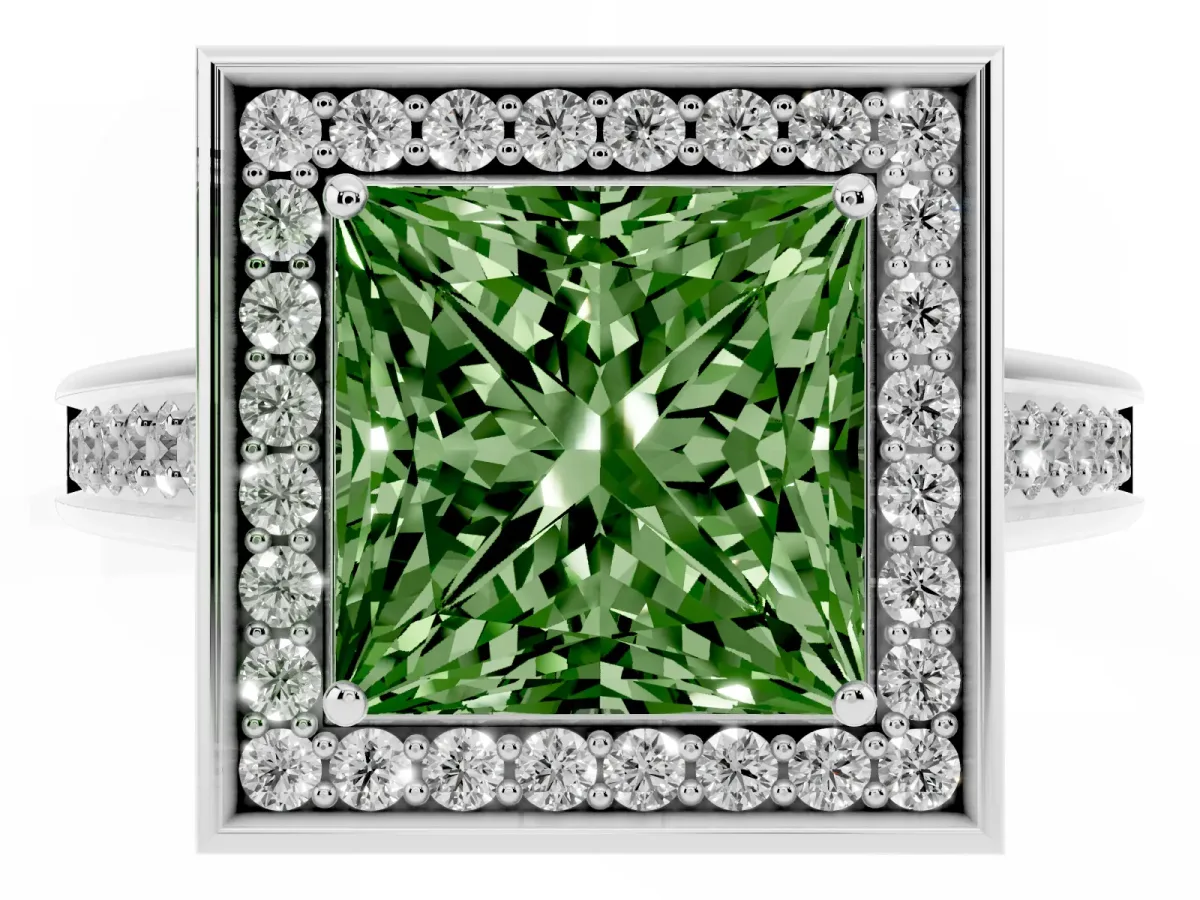 Fancy Green Princess Cut Halo Solitaire Diamond Ring with Pave Band and Bezel Setting Silver
