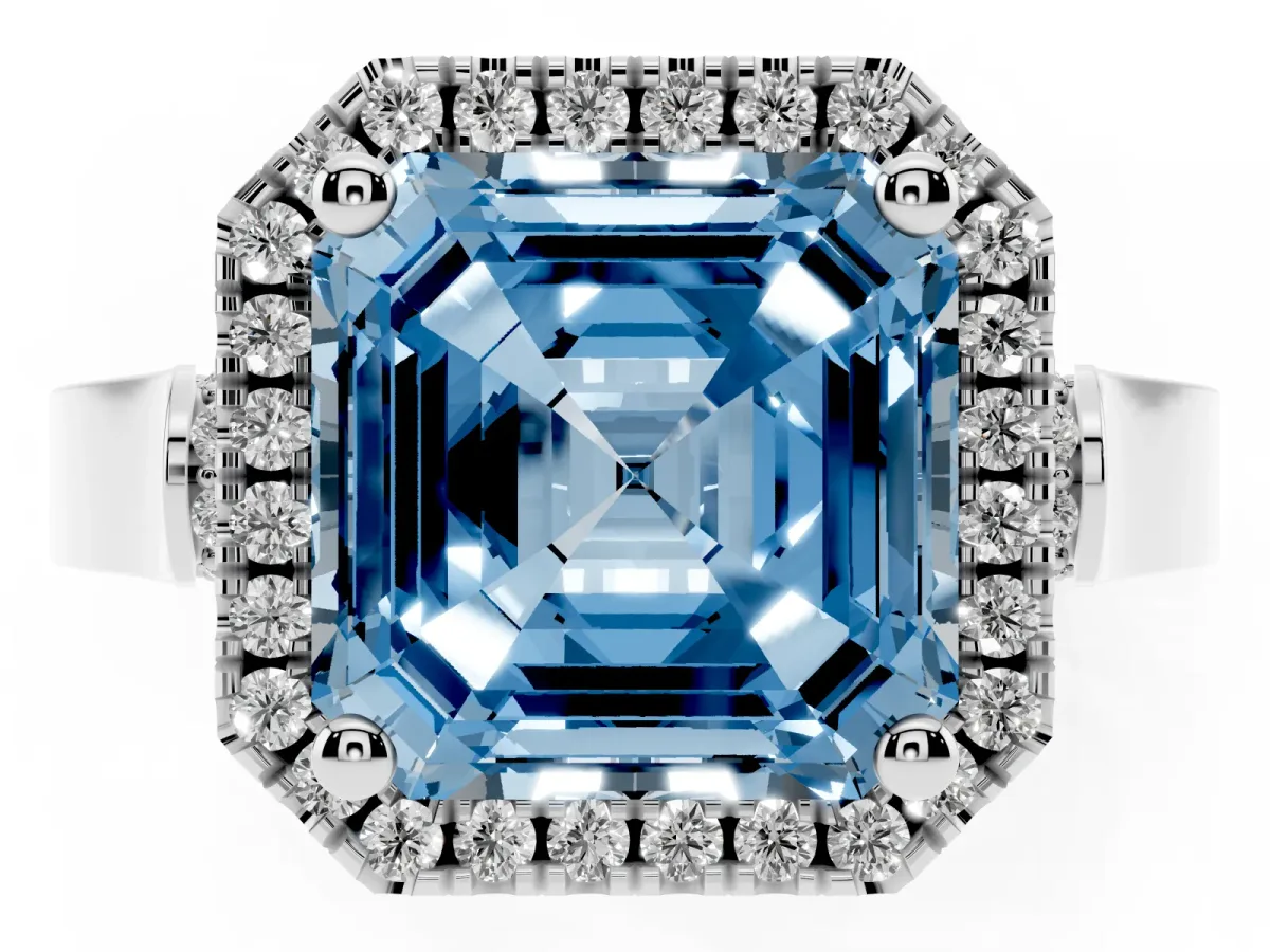 Fancy Blue Asscher Cut Halo Pave Split Shank Prong Setting Ring Silver